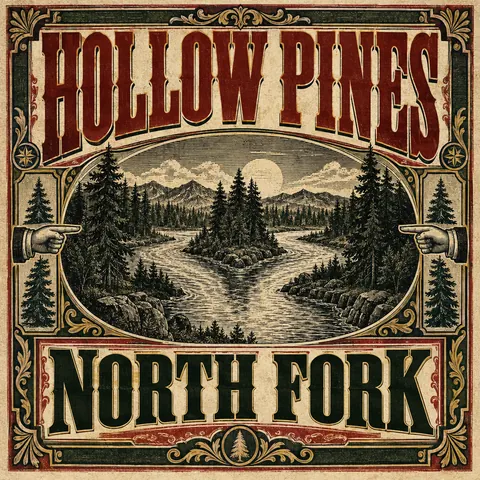 Victorian Broadside style album cover for a fictional album: North Fork