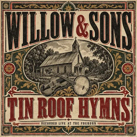 Victorian Broadside style album cover for a fictional album: Tin Roof Hymns