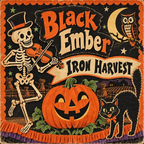 Vintage Halloween style album cover for a fictional album: Iron Harvest