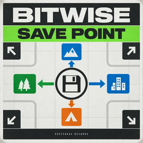 Wayfinding / Signage style album cover for a fictional album: Save Point