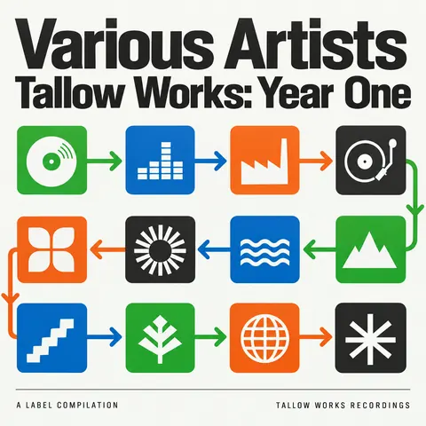 Wayfinding / Signage style album cover for a fictional album: Tallow Works: Year One