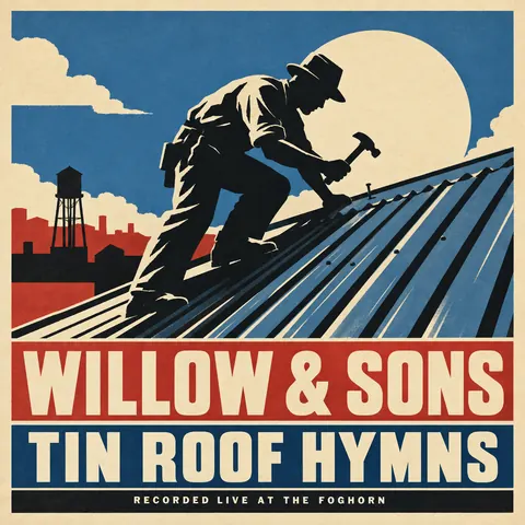 WPA / New Deal style album cover for a fictional album: Tin Roof Hymns