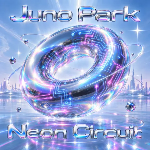 Y2K Chrome style album cover for a fictional single: Neon Circuit