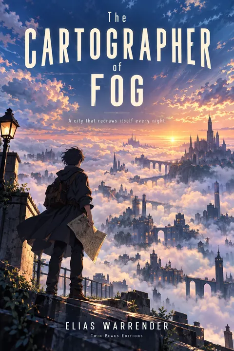Anime style book cover for a fictional fiction: The Cartographer of Fog