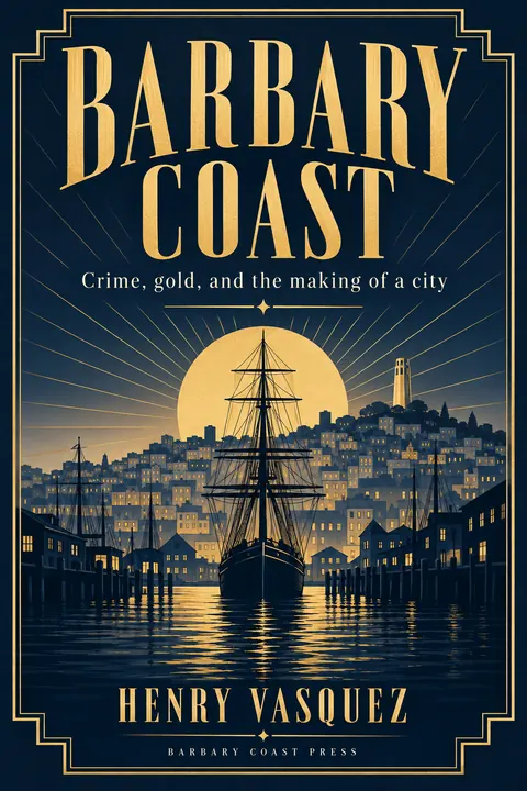 Art Deco style book cover for a fictional nonfiction: Barbary Coast
