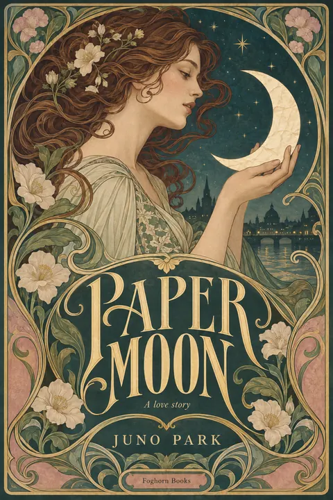 Art Nouveau style book cover for a fictional fiction: Paper Moon