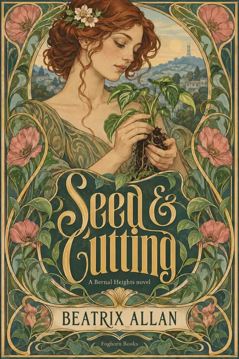 Art Nouveau style book cover for a fictional fiction: Seed & Cutting