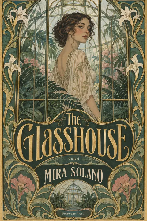 Art Nouveau style book cover for a fictional fiction: The Glasshouse