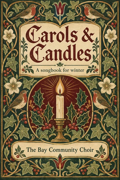 Arts and Crafts style book cover for a fictional nonfiction: Carols & Candles