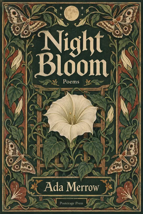 Arts and Crafts style book cover for a fictional fiction: Night Bloom