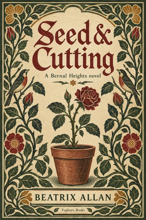 Arts and Crafts style book cover for a fictional fiction: Seed & Cutting