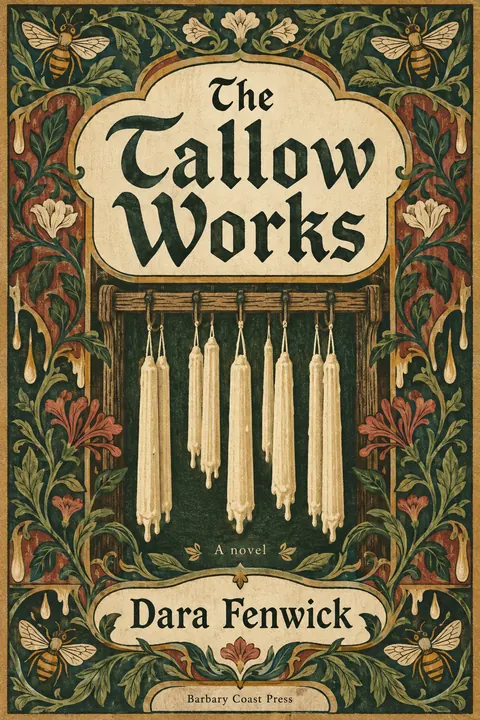 Arts and Crafts style book cover for a fictional fiction: The Tallow Works