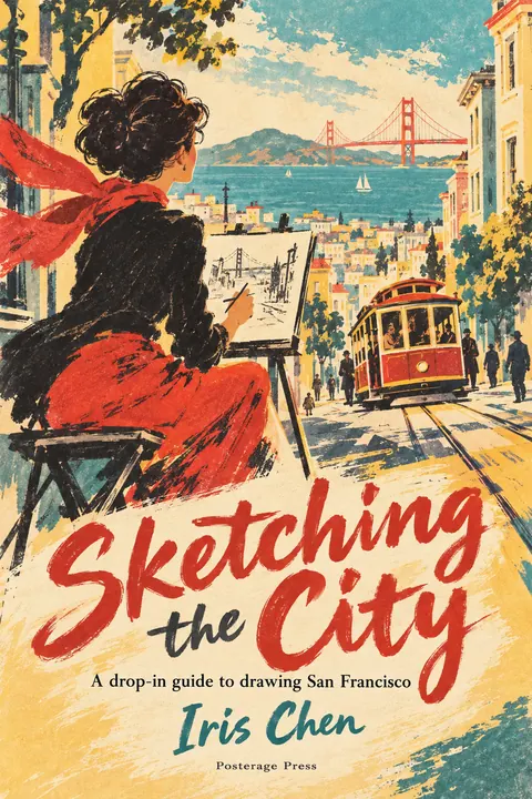 Belle Époque Lithograph style book cover for a fictional nonfiction: Sketching the City