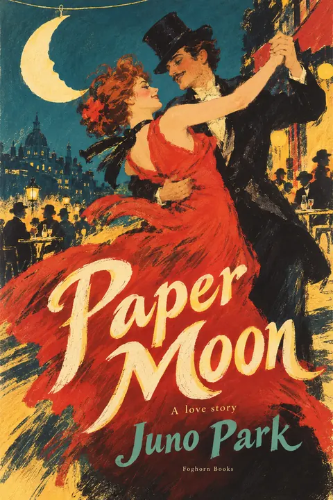 Belle Époque Lithograph style book cover for a fictional fiction: Paper Moon