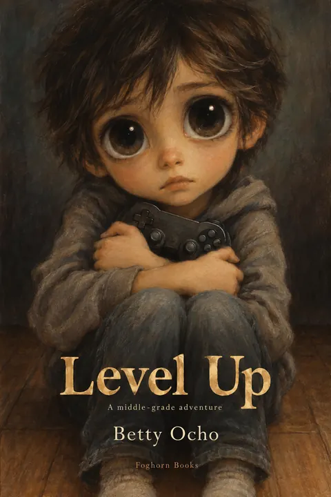 Big Eyes / Keane Waif style book cover for a fictional fiction: Level Up