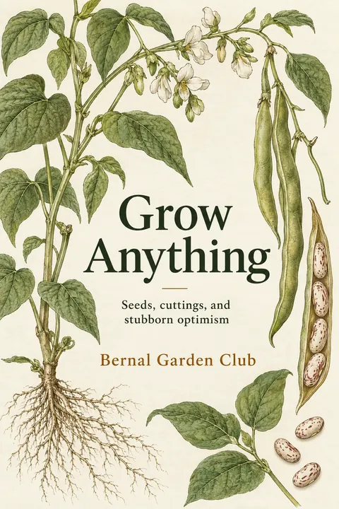 Botanical illustration style book cover for a fictional nonfiction: Grow Anything