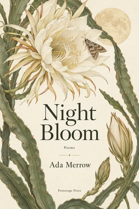 Botanical illustration style book cover for a fictional fiction: Night Bloom