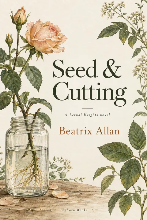 Botanical illustration style book cover for a fictional fiction: Seed & Cutting