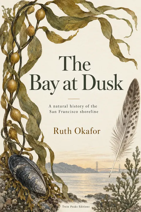 Botanical illustration style book cover for a fictional nonfiction: The Bay at Dusk