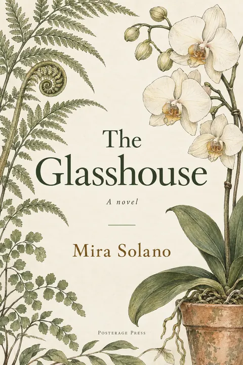Botanical illustration style book cover for a fictional fiction: The Glasshouse
