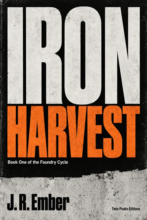 Brutalist Graphic Design style book cover for a fictional fiction: Iron Harvest