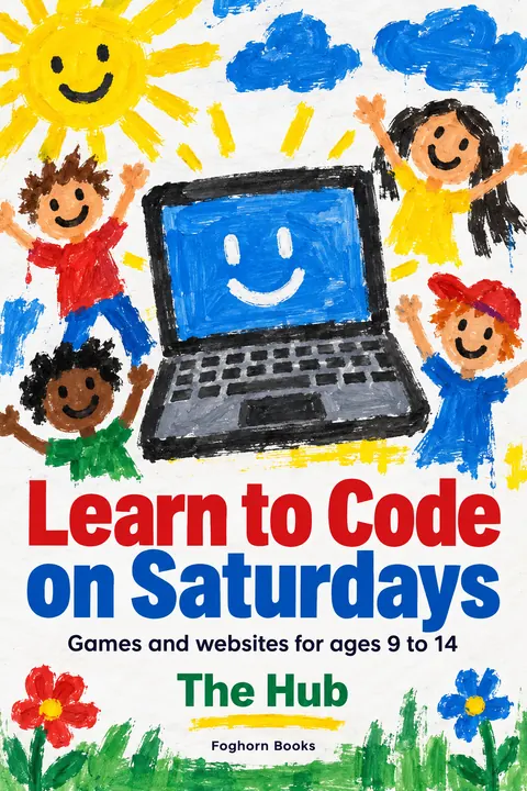 Child Poster Paint + Pro Typography style book cover for a fictional nonfiction: Learn to Code on Saturdays