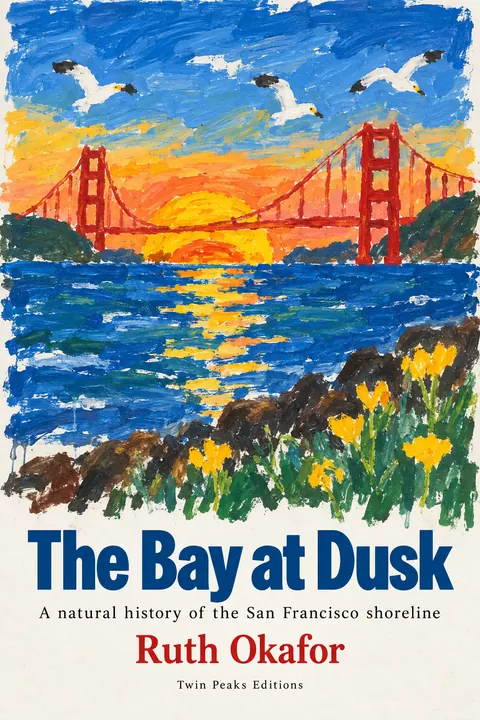 Child Poster Paint + Pro Typography style book cover for a fictional nonfiction: The Bay at Dusk