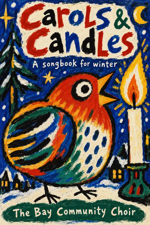 CoBrA style book cover for a fictional nonfiction: Carols & Candles