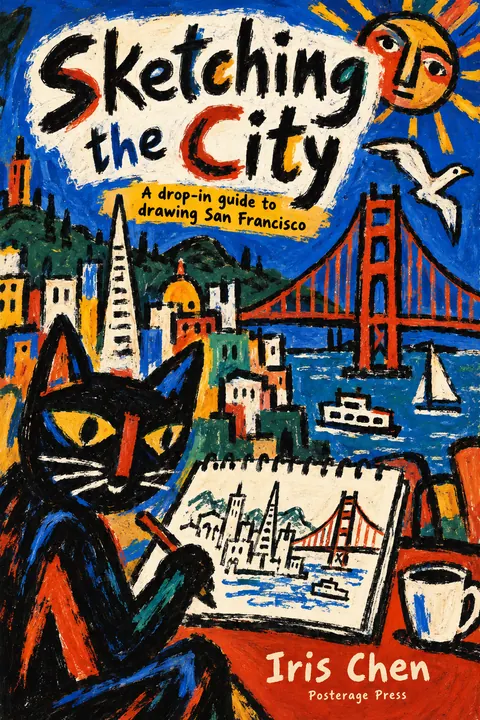 CoBrA style book cover for a fictional nonfiction: Sketching the City