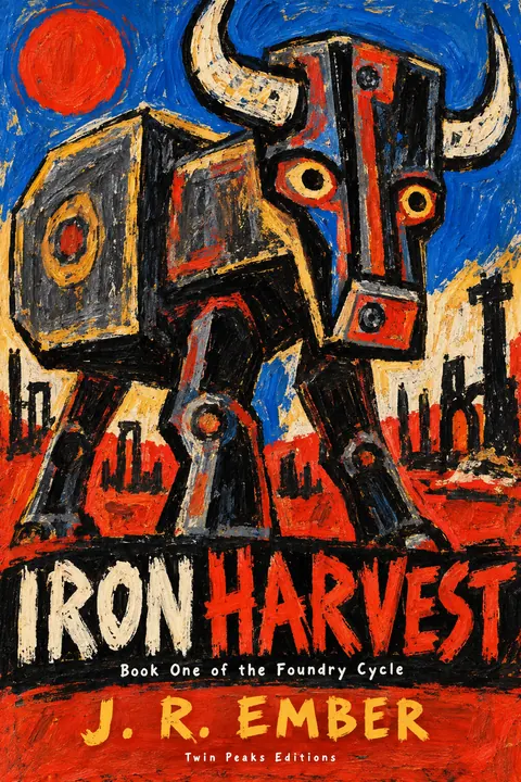 CoBrA style book cover for a fictional fiction: Iron Harvest