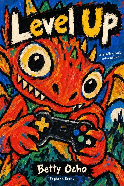CoBrA style book cover for a fictional fiction: Level Up