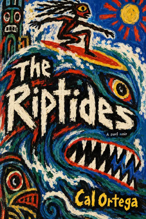 CoBrA style book cover for a fictional fiction: The Riptides