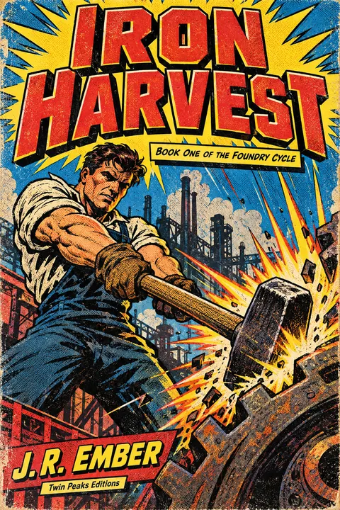 Comic Book style book cover for a fictional fiction: Iron Harvest