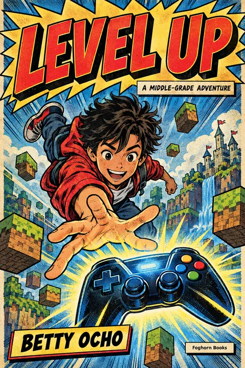 Comic Book style book cover for a fictional fiction: Level Up