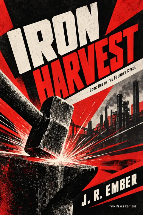 Constructivist style book cover for a fictional fiction: Iron Harvest