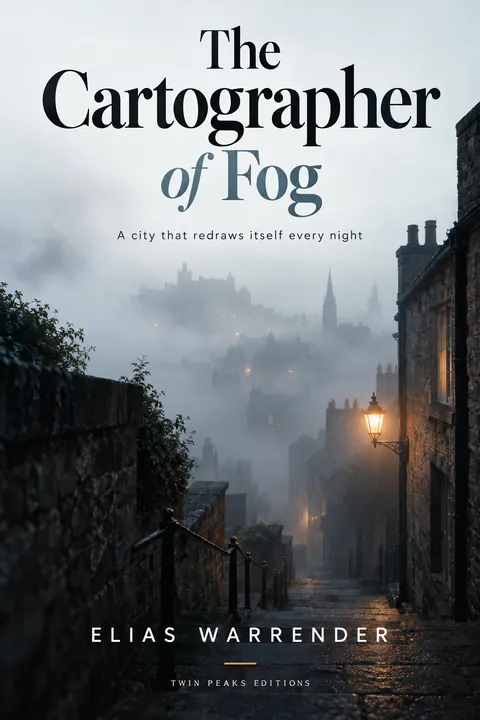 Contemporary Editorial style book cover for a fictional fiction: The Cartographer of Fog