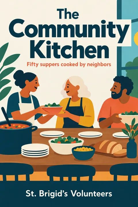 Contemporary Flat Illustration style book cover for a fictional nonfiction: The Community Kitchen