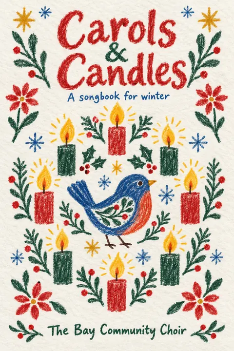 Crayon Folk Handmade style book cover for a fictional nonfiction: Carols & Candles