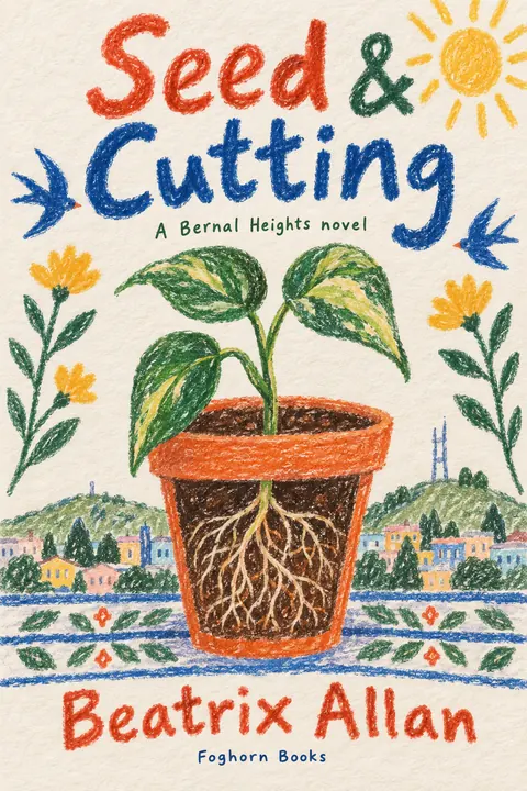 Crayon Folk Handmade style book cover for a fictional fiction: Seed & Cutting