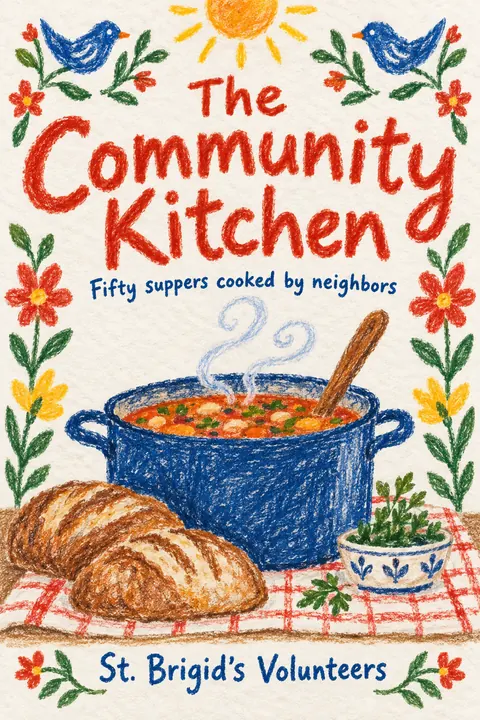Crayon Folk Handmade style book cover for a fictional nonfiction: The Community Kitchen