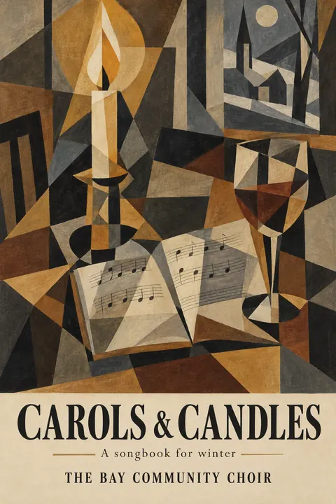 Cubist Exhibition Poster (1940s framing (Cubism 1907–1920s)) style book cover for a fictional nonfiction: Carols & Candles