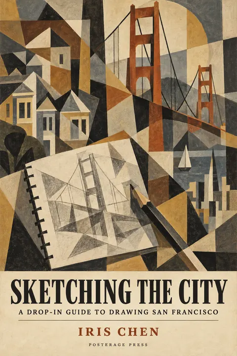 Cubist Exhibition Poster (1940s framing (Cubism 1907–1920s)) style book cover for a fictional nonfiction: Sketching the City