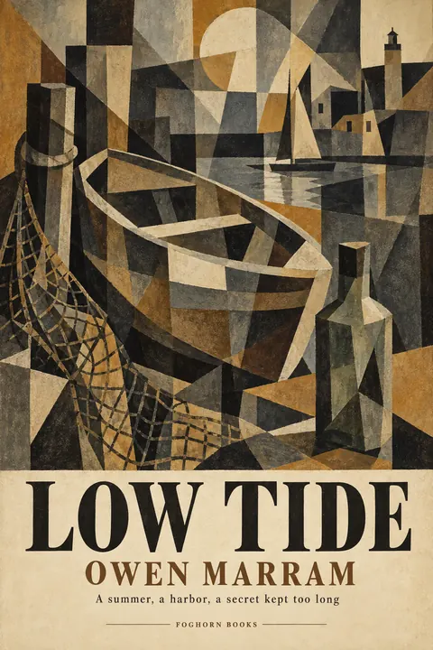 Cubist Exhibition Poster (1940s framing (Cubism 1907–1920s)) style book cover for a fictional fiction: Low Tide