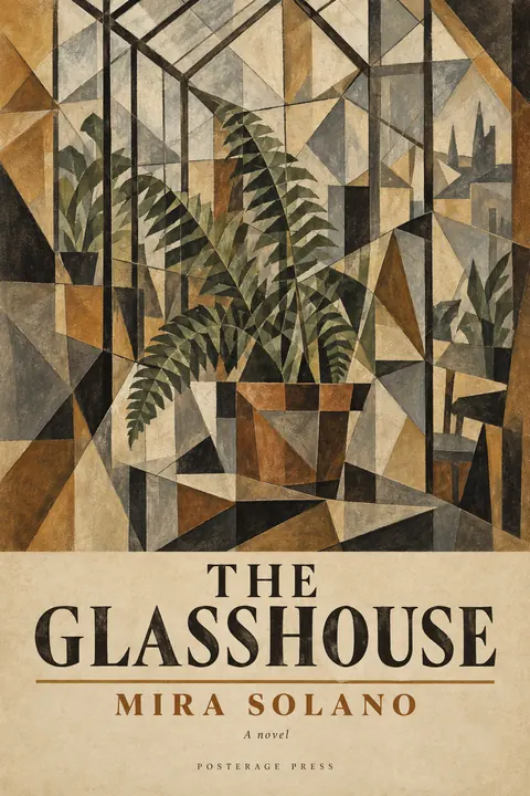 Cubist Exhibition Poster (1940s framing (Cubism 1907–1920s)) style book cover for a fictional fiction: The Glasshouse