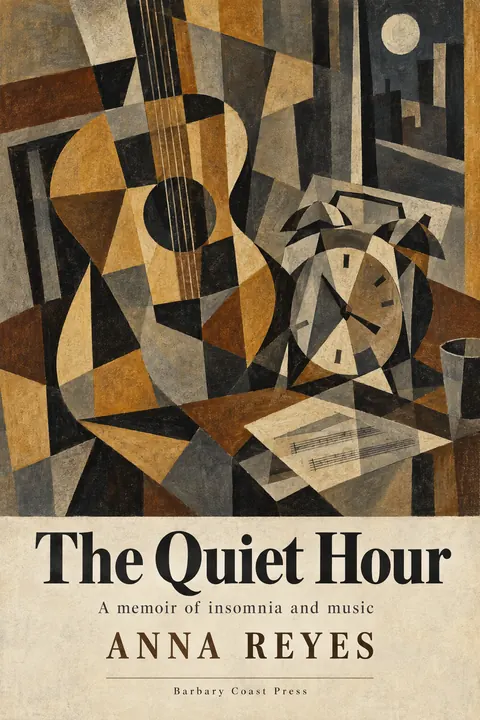 Cubist Exhibition Poster (1940s framing (Cubism 1907–1920s)) style book cover for a fictional nonfiction: The Quiet Hour
