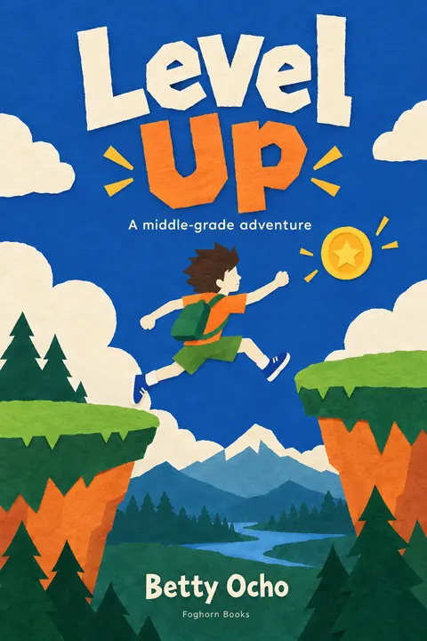Cut paper style book cover for a fictional fiction: Level Up
