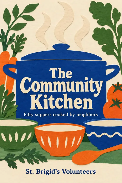 Cut paper style book cover for a fictional nonfiction: The Community Kitchen