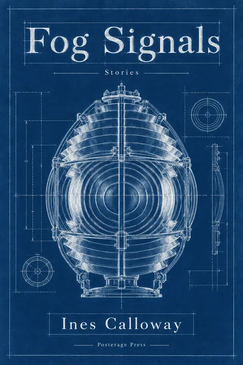 Cyanotype / Blueprint style book cover for a fictional fiction: Fog Signals