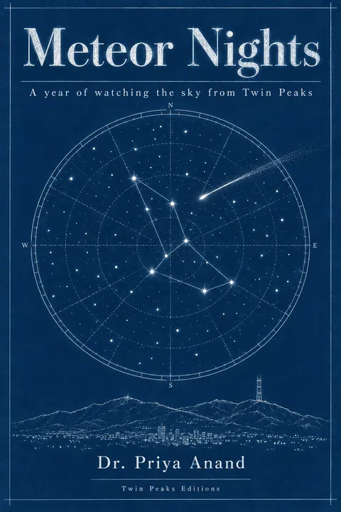 Cyanotype / Blueprint style book cover for a fictional nonfiction: Meteor Nights