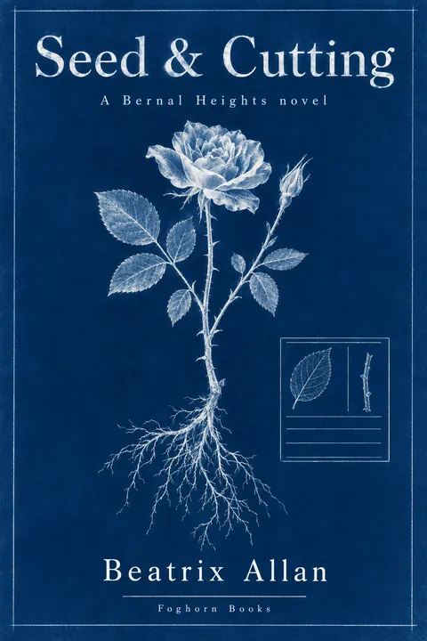 Cyanotype / Blueprint style book cover for a fictional fiction: Seed & Cutting